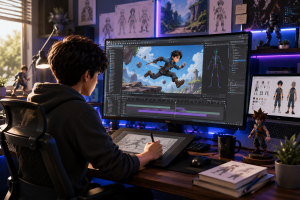 Animator digital sedang membuat karakter animasi di komputer menggunakan drawing tablet dengan tampilan software animasi dan desain karakter anime di layar monitor.