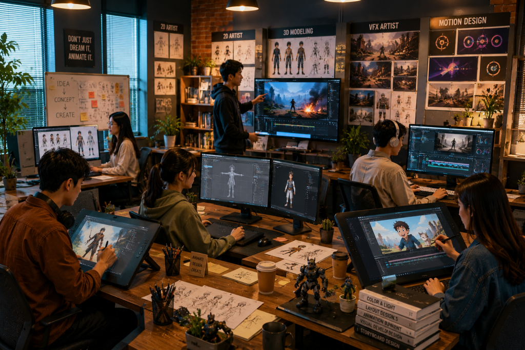 Sekelompok animator dan ilustrator sedang bekerja di studio desain digital menggunakan komputer dan drawing tablet untuk membuat animasi serta karakter 3D