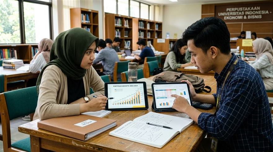 Diskusi kelompok mahasiswa merancang alokasi anggaran dan simulasi portofolio reksa dana di kampus
